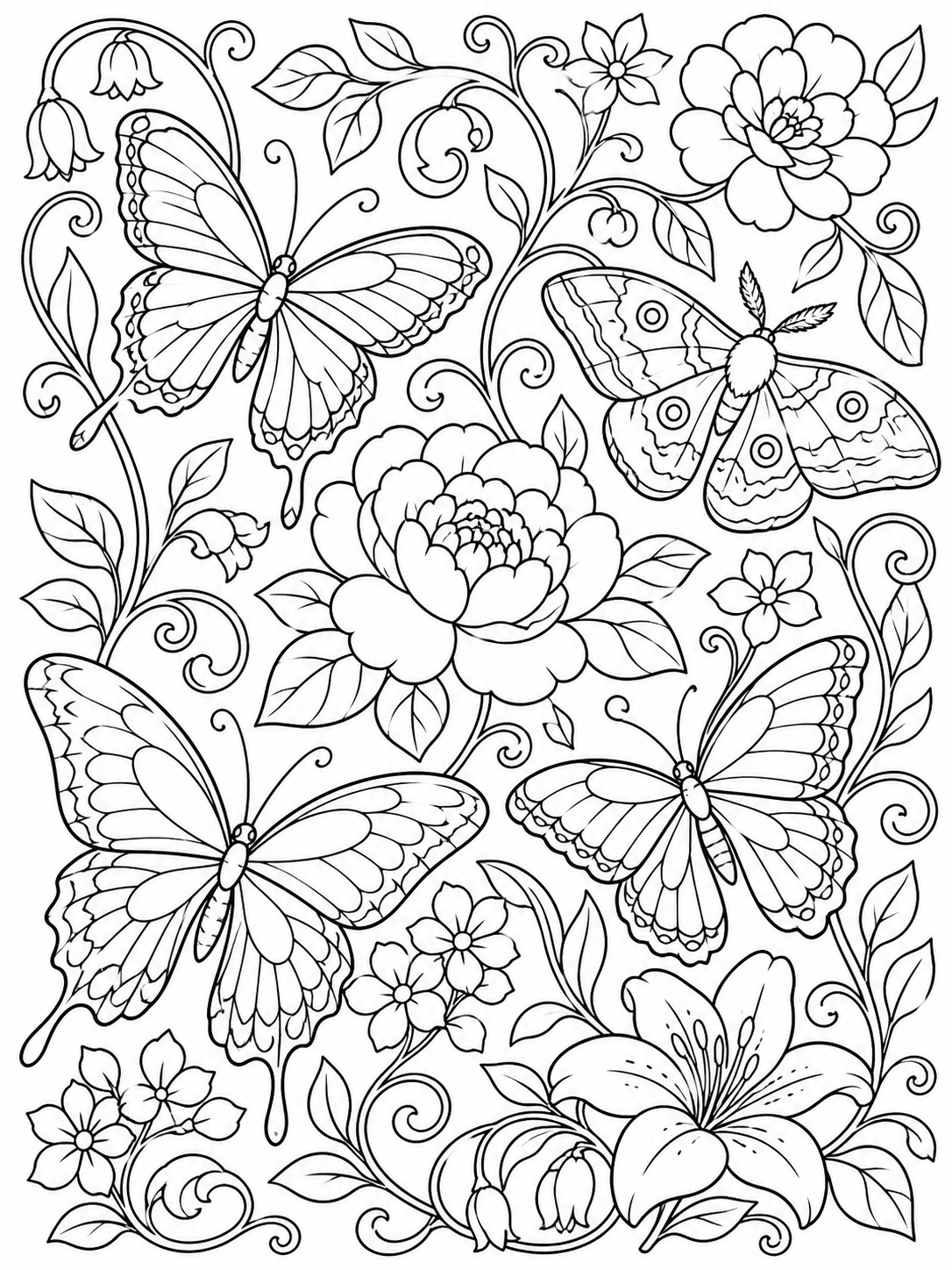Butterflies Among Flowers — adult coloring pages to print