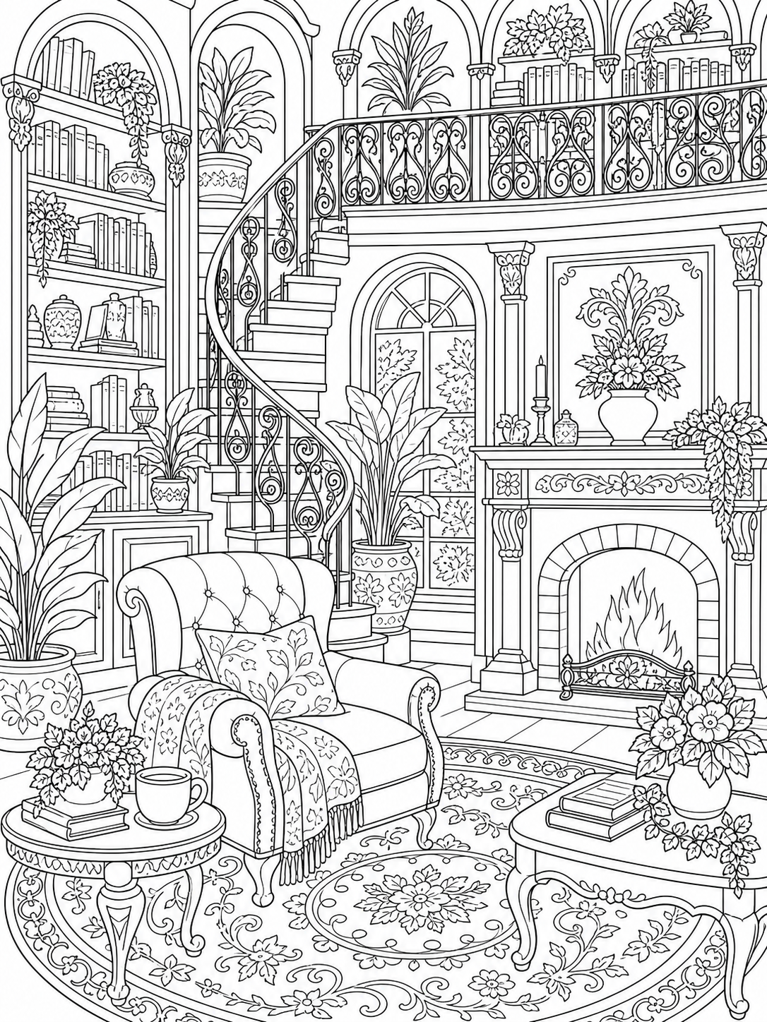 Elegant Living Room Staircase — adult coloring pages to print