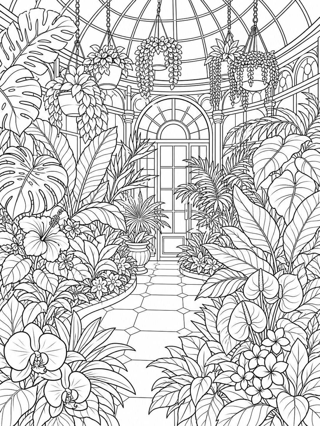 Botanical Conservatory Interior — adult coloring pages to print