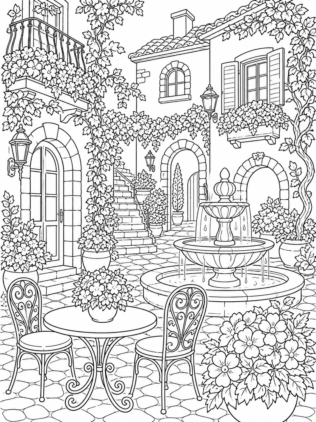 Courtyard Fountain Cafe — adult coloring pages to print