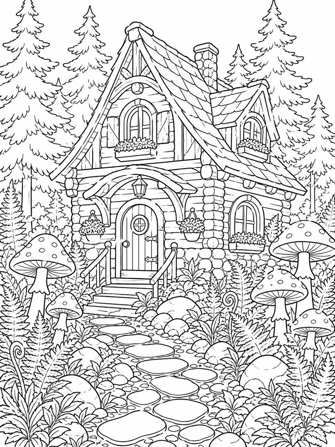 Woodland Cottage With Mushrooms — adult coloring pages to print