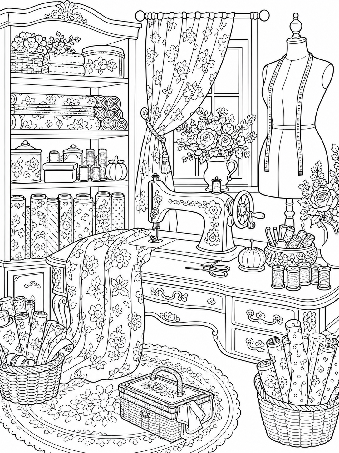 Cozy Sewing Room — adult coloring pages to print