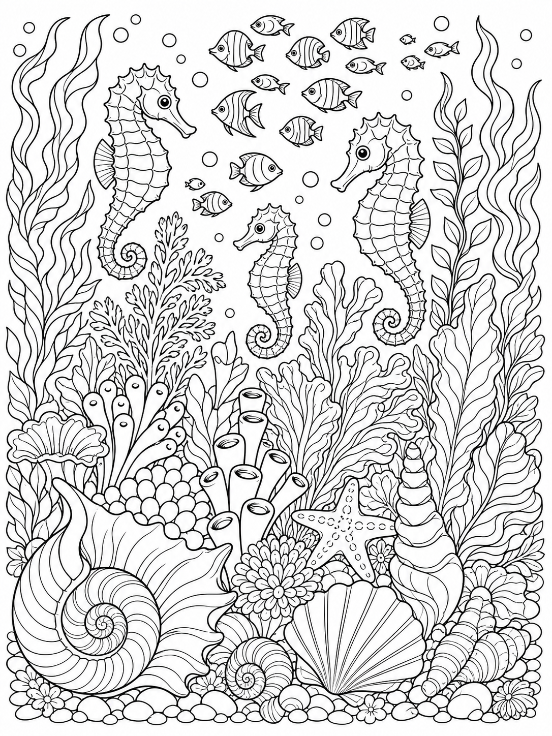 Seahorses And Coral Reef — adult coloring pages to print