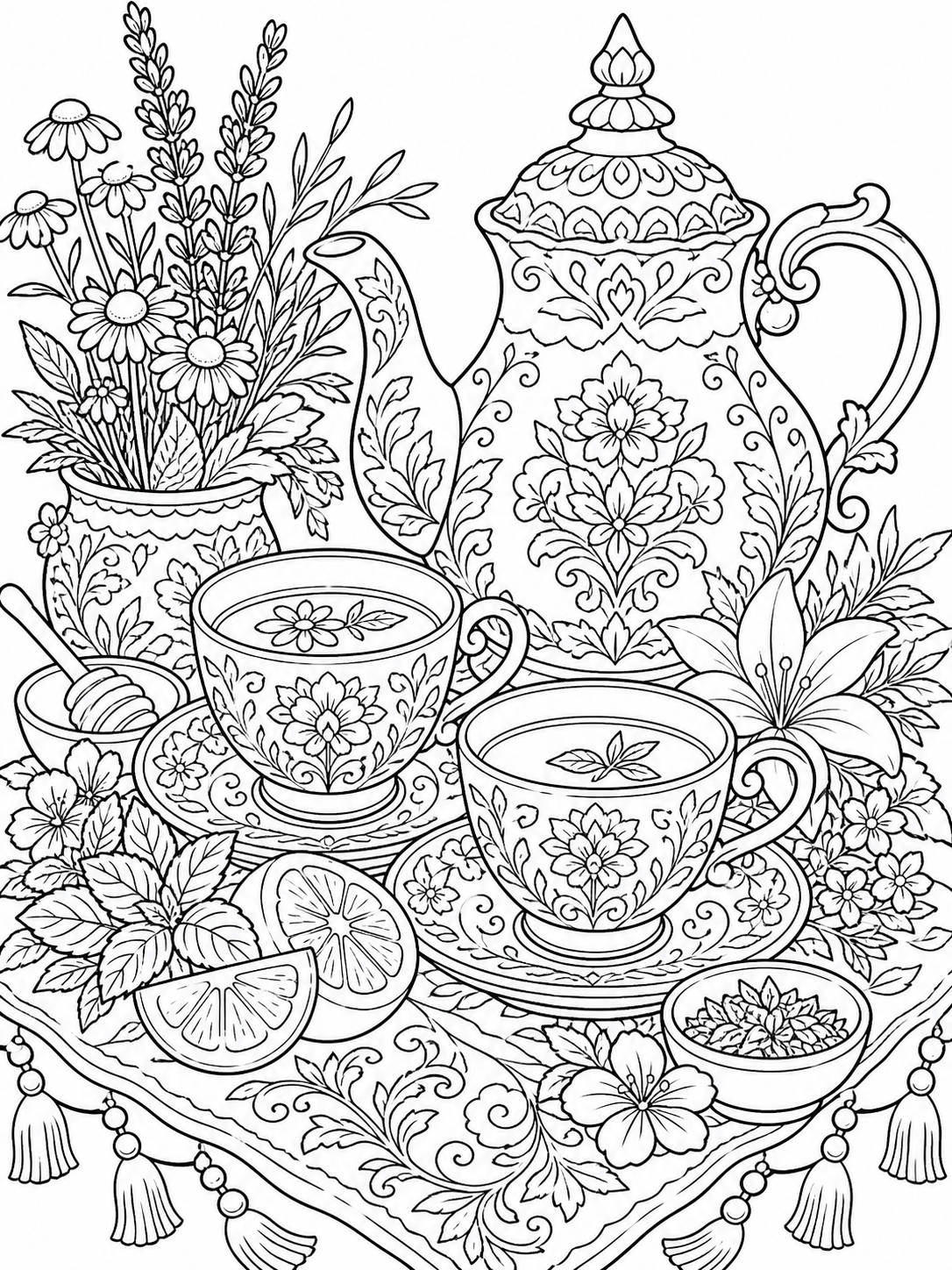 Teapot And Teacups — adult coloring pages to print