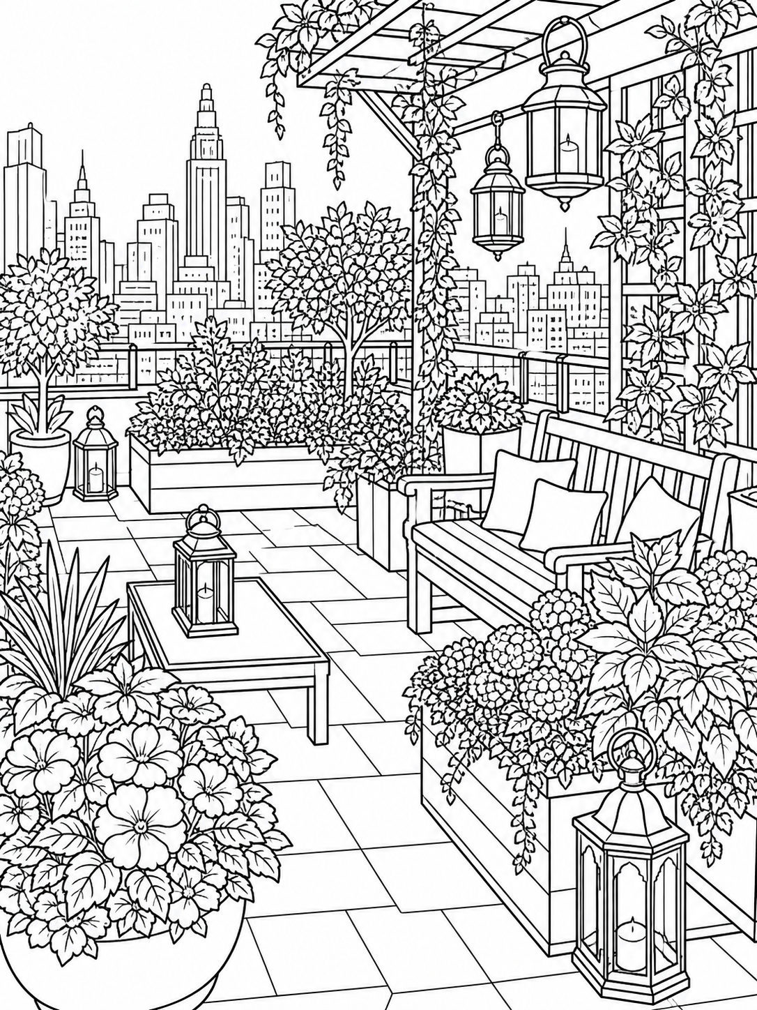 Rooftop Garden Patio — adult coloring pages to print