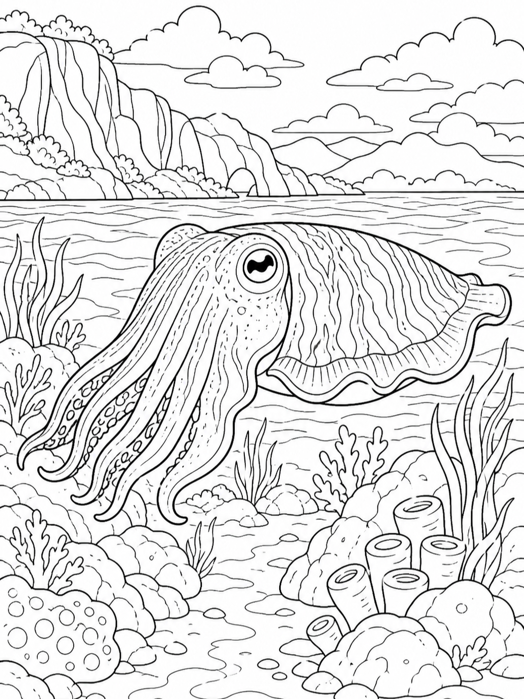 Cuttlefish On Seafloor — animal coloring pages