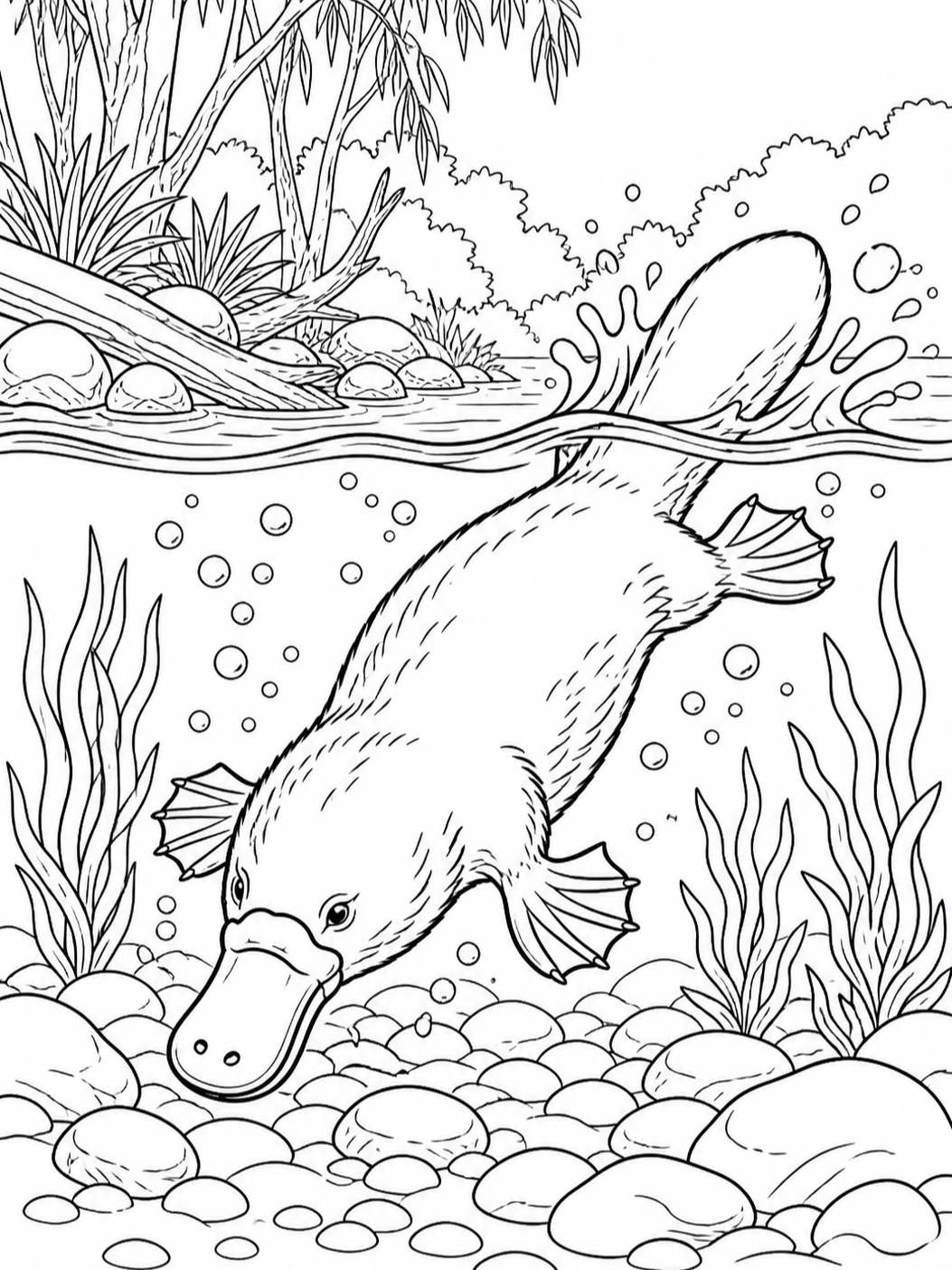 Platypus Swimming Underwater — animal coloring pages