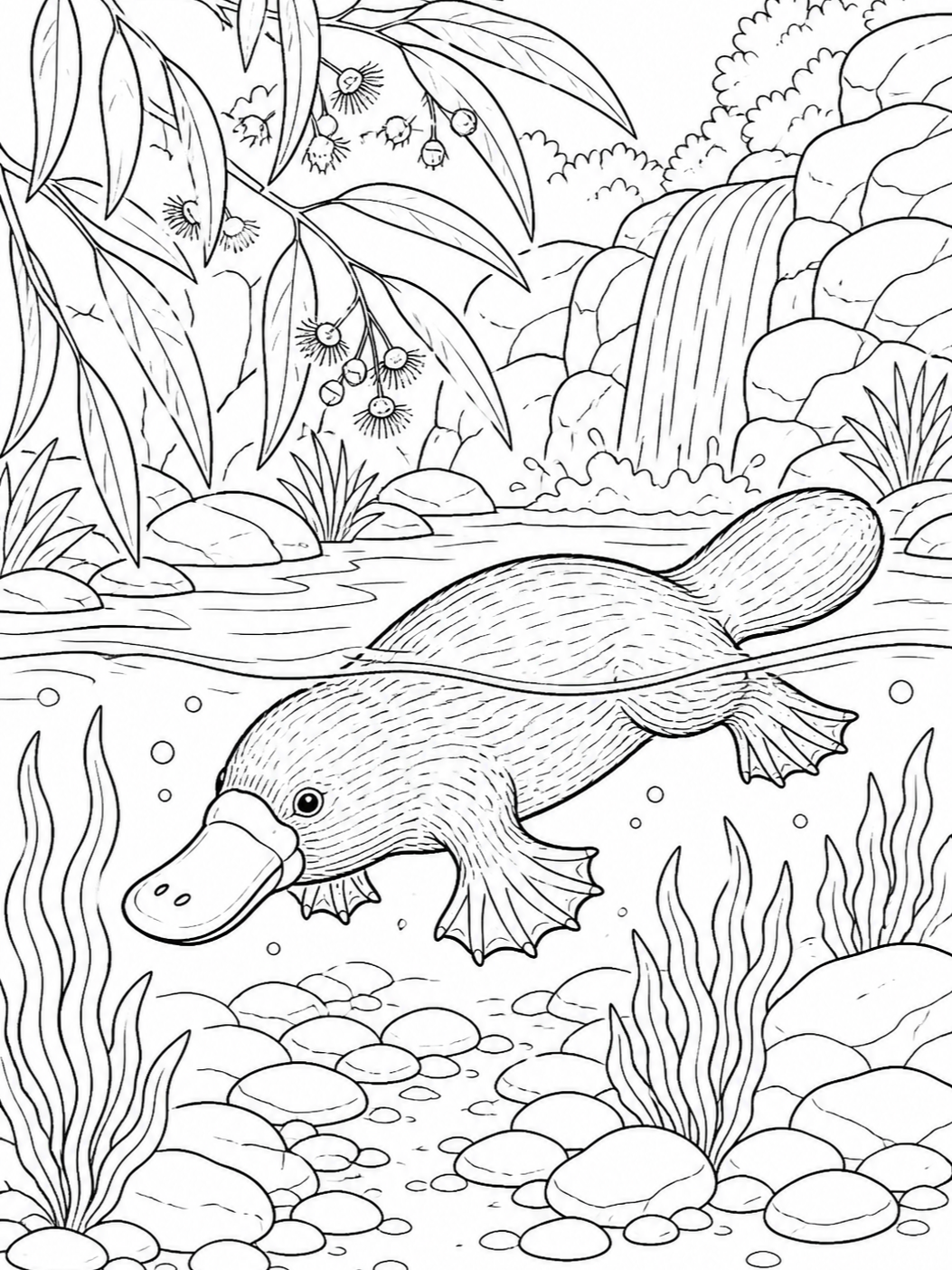 Platypus By The Waterfall — animal coloring pages