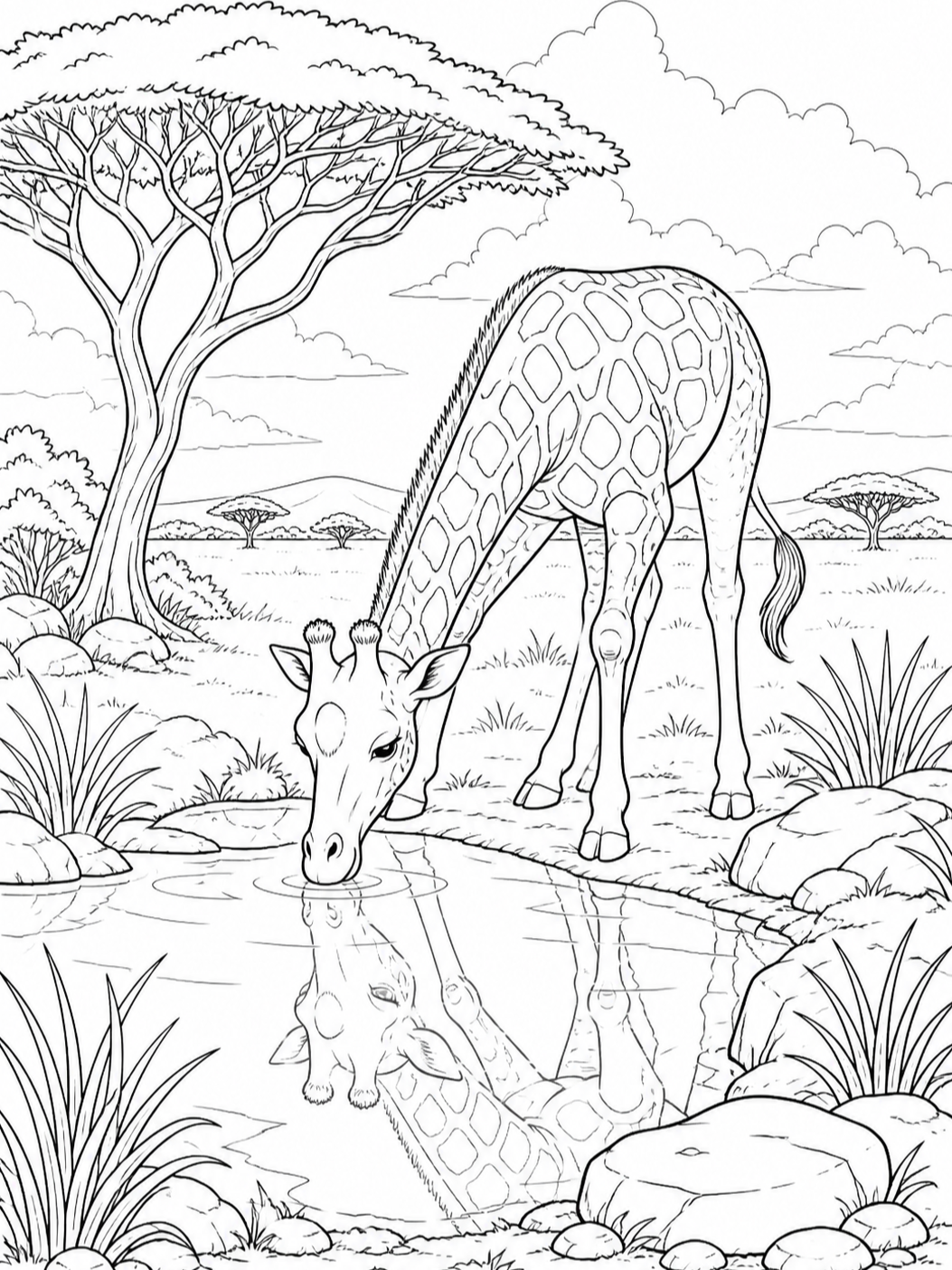 Giraffe Drinking Water — animal coloring pages