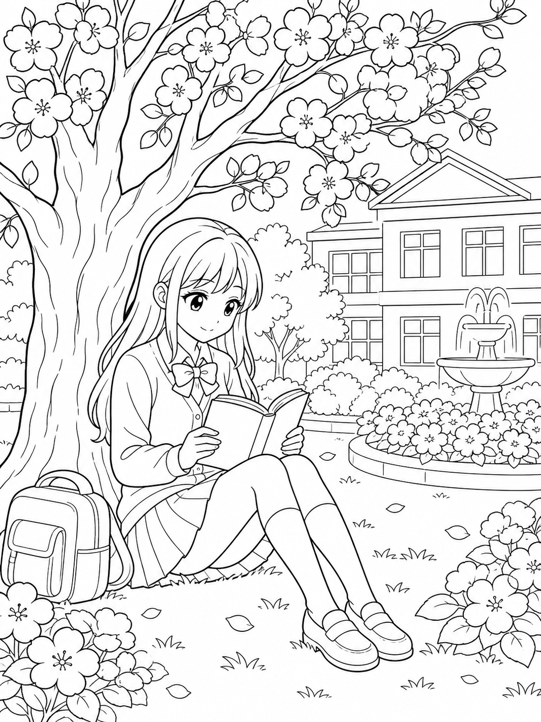 Girl Reading Under Tree — anime coloring pages