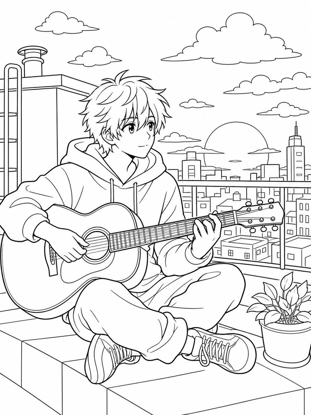 Boy Playing Guitar Rooftop — anime coloring pages