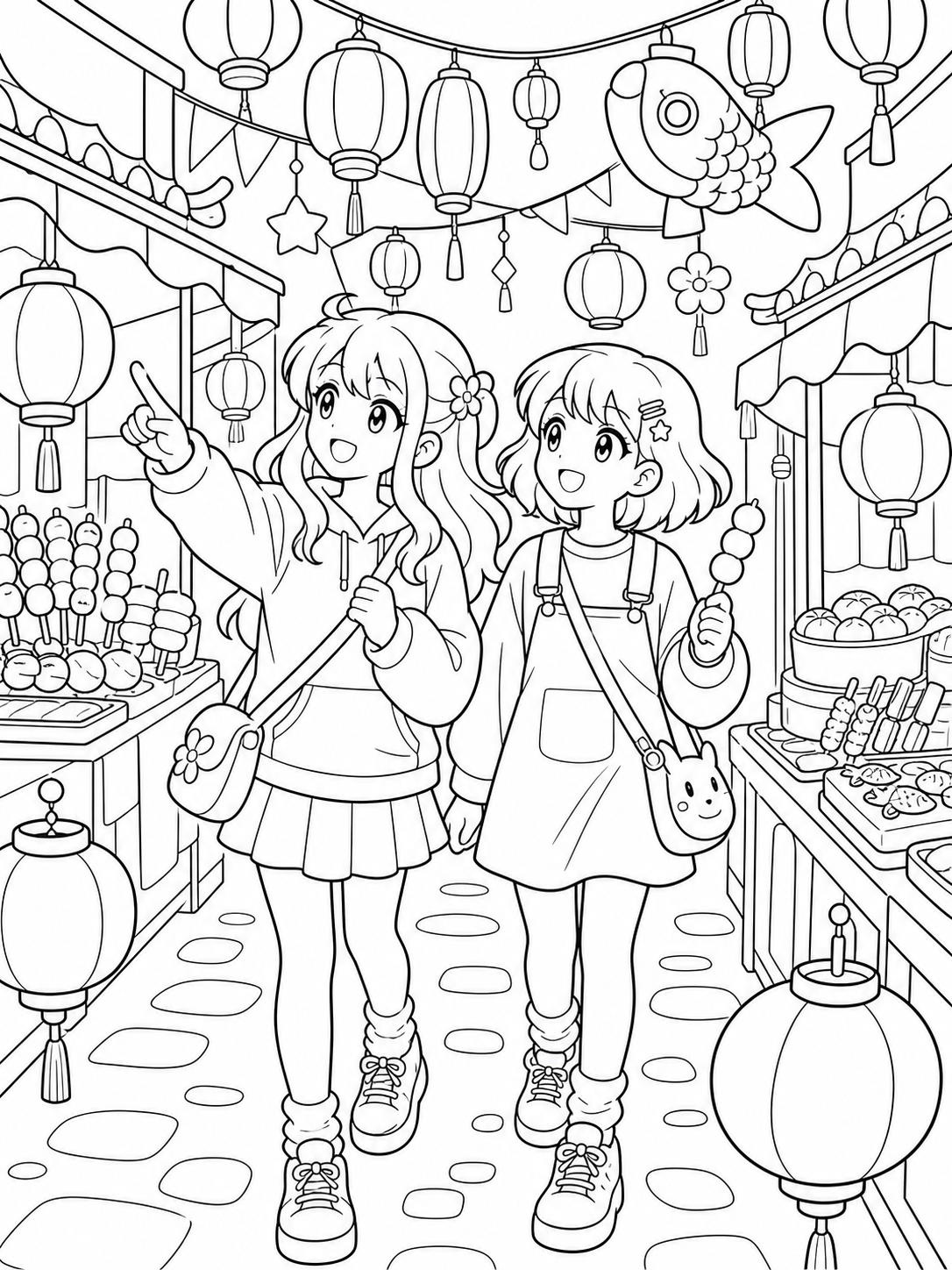 Girls At Lantern Market — anime coloring pages