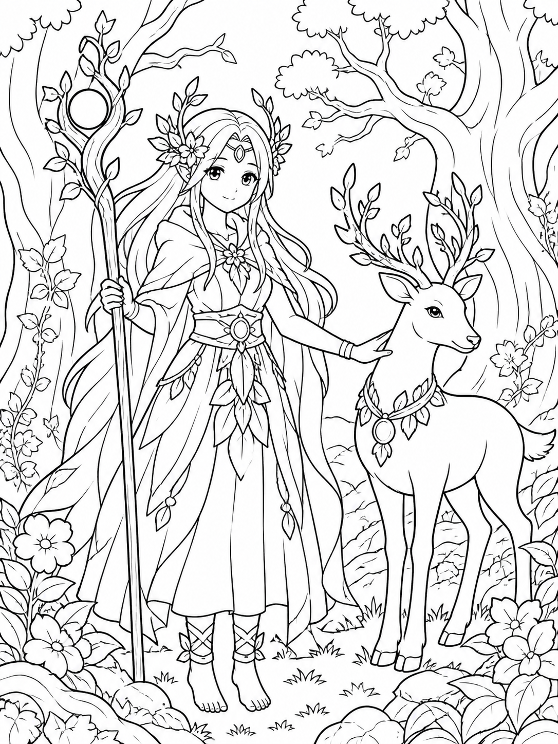 Forest Elf With Deer — anime coloring pages