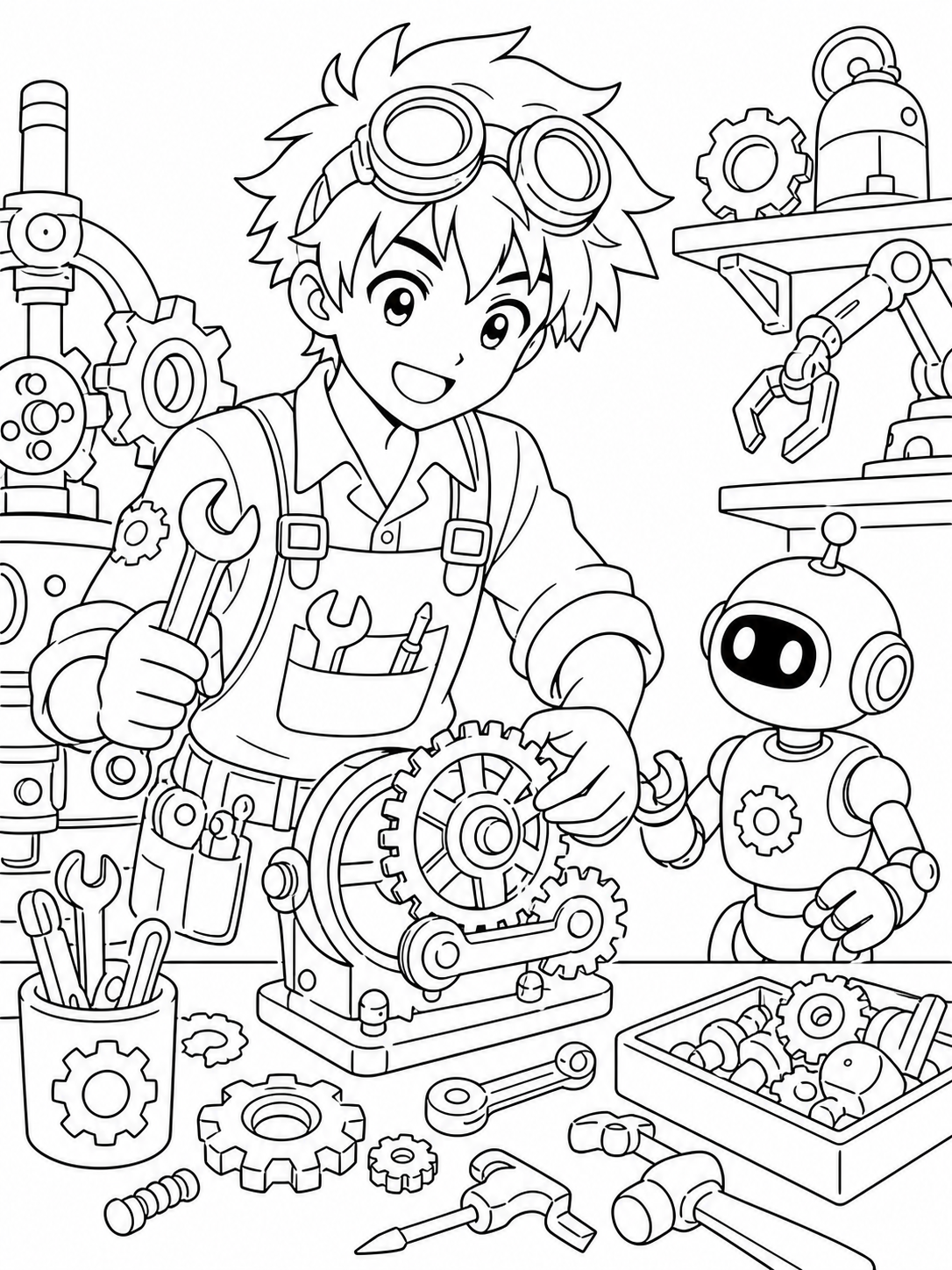Boy Inventor With Robot — anime coloring pages