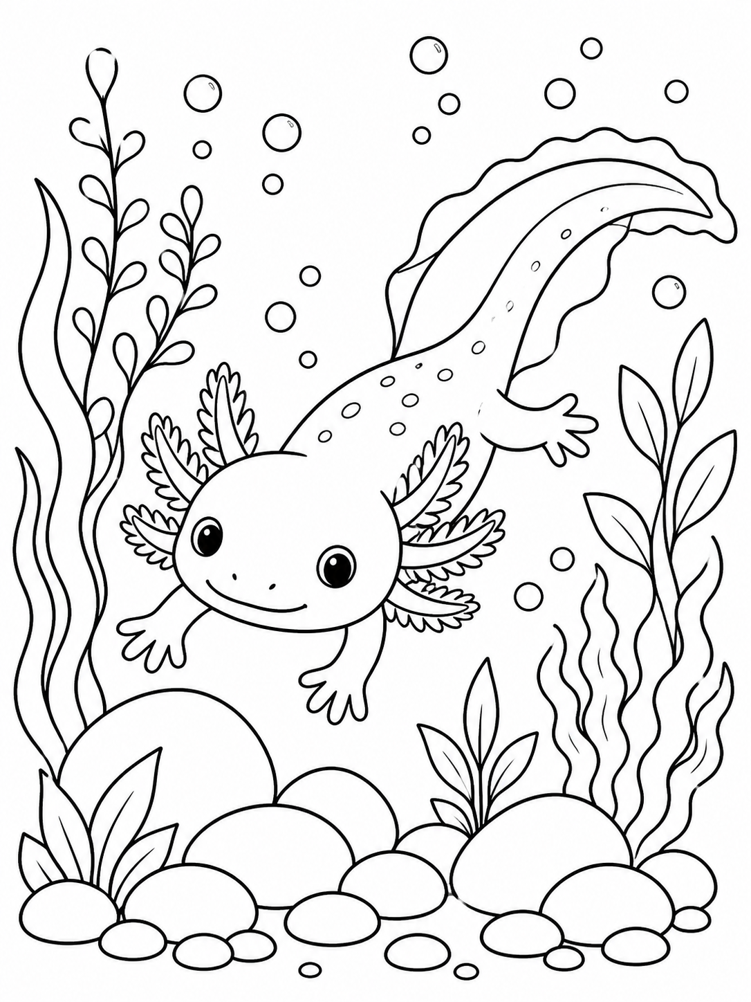 Axolotl Among Seaweed — axolotl coloring page