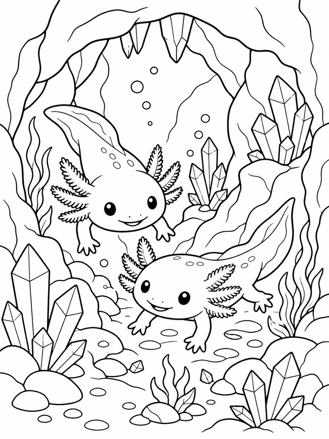 Axolotls In Crystal Cave — axolotl coloring page