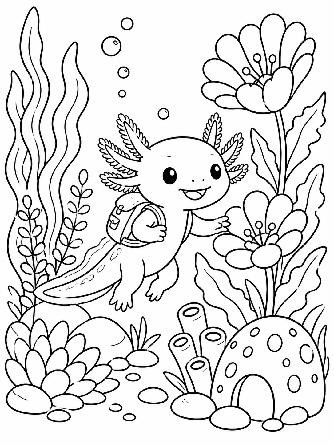 Axolotl Playing With Fish — axolotl coloring page