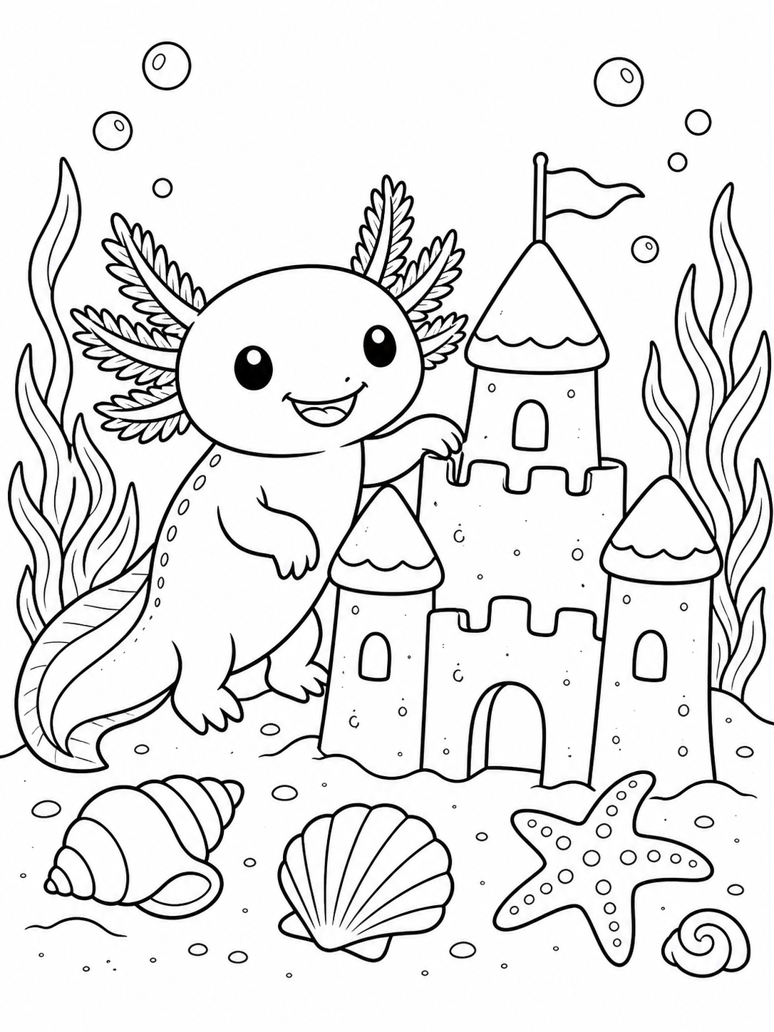 Axolotl Building Sandcastle — axolotl coloring page