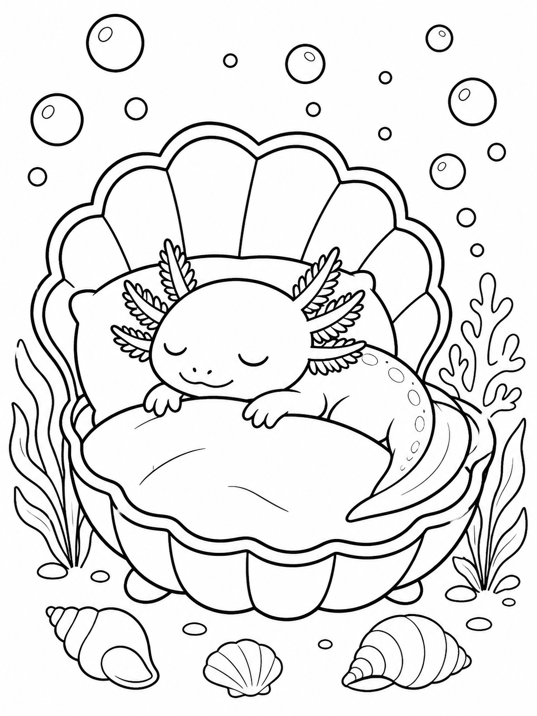 Sleeping Axolotl In Shell — axolotl coloring page