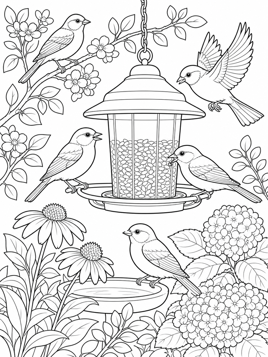 Birds At Feeder — bird coloring pages