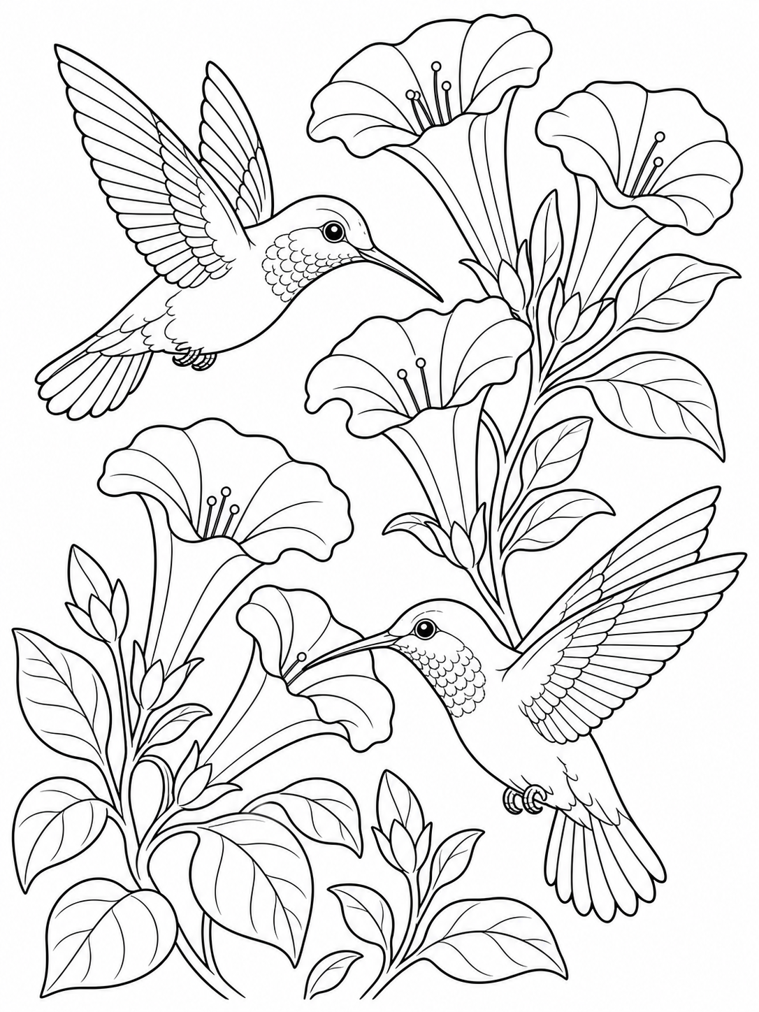 Hummingbirds And Flowers — bird coloring pages
