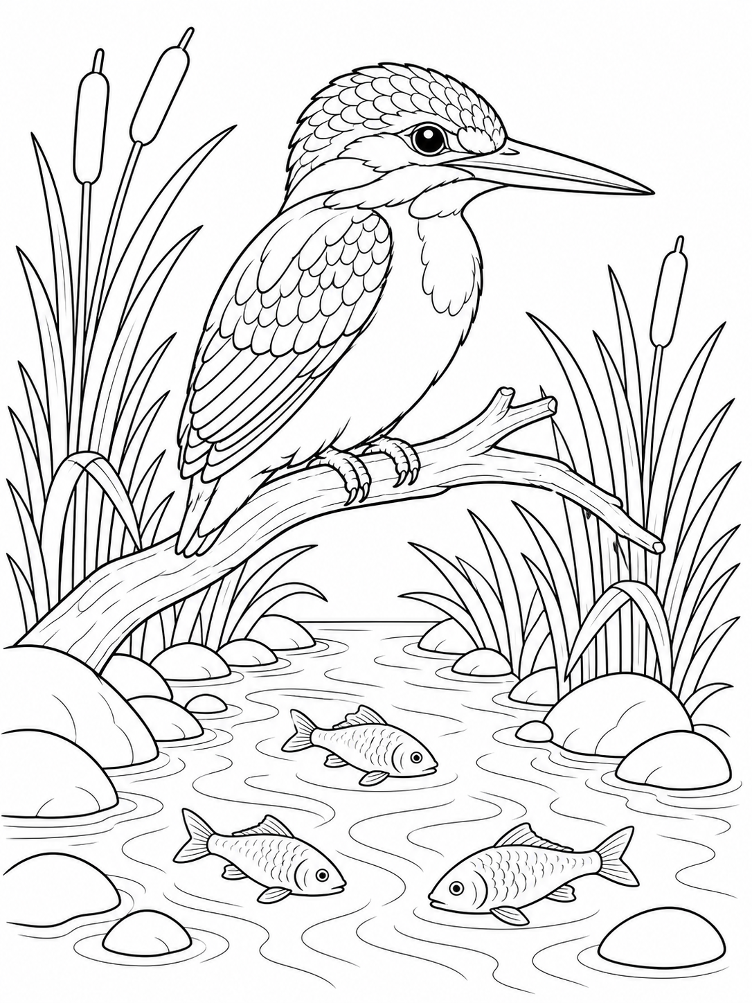 Kingfisher By The Pond — bird coloring pages