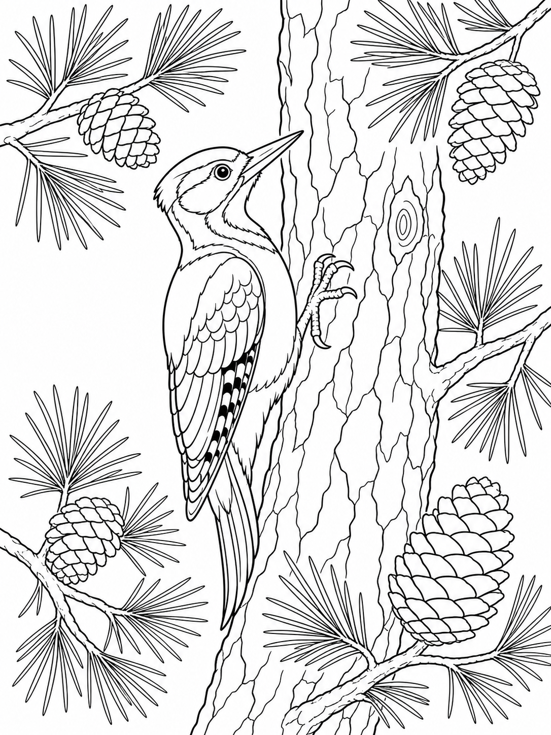Woodpecker On Pine Tree — bird coloring pages
