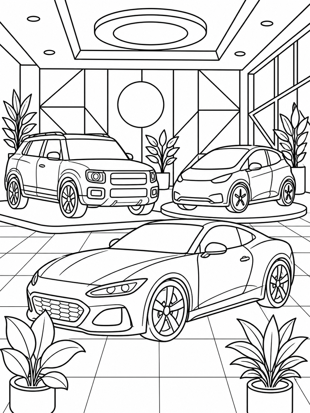 Cars In A Showroom — car coloring pages
