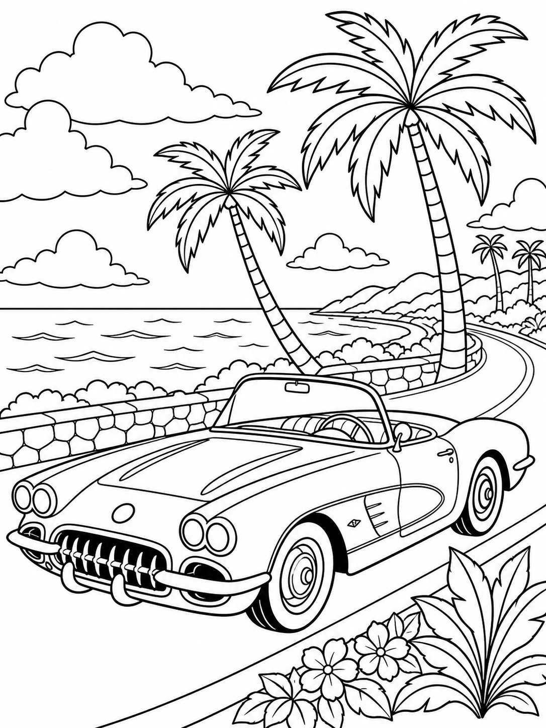 Classic Convertible By Beach — car coloring pages