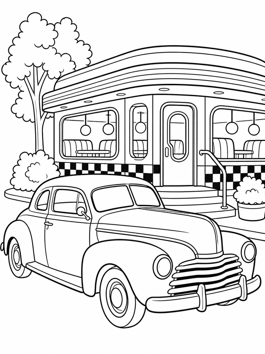 Vintage Car At Diner — car coloring pages