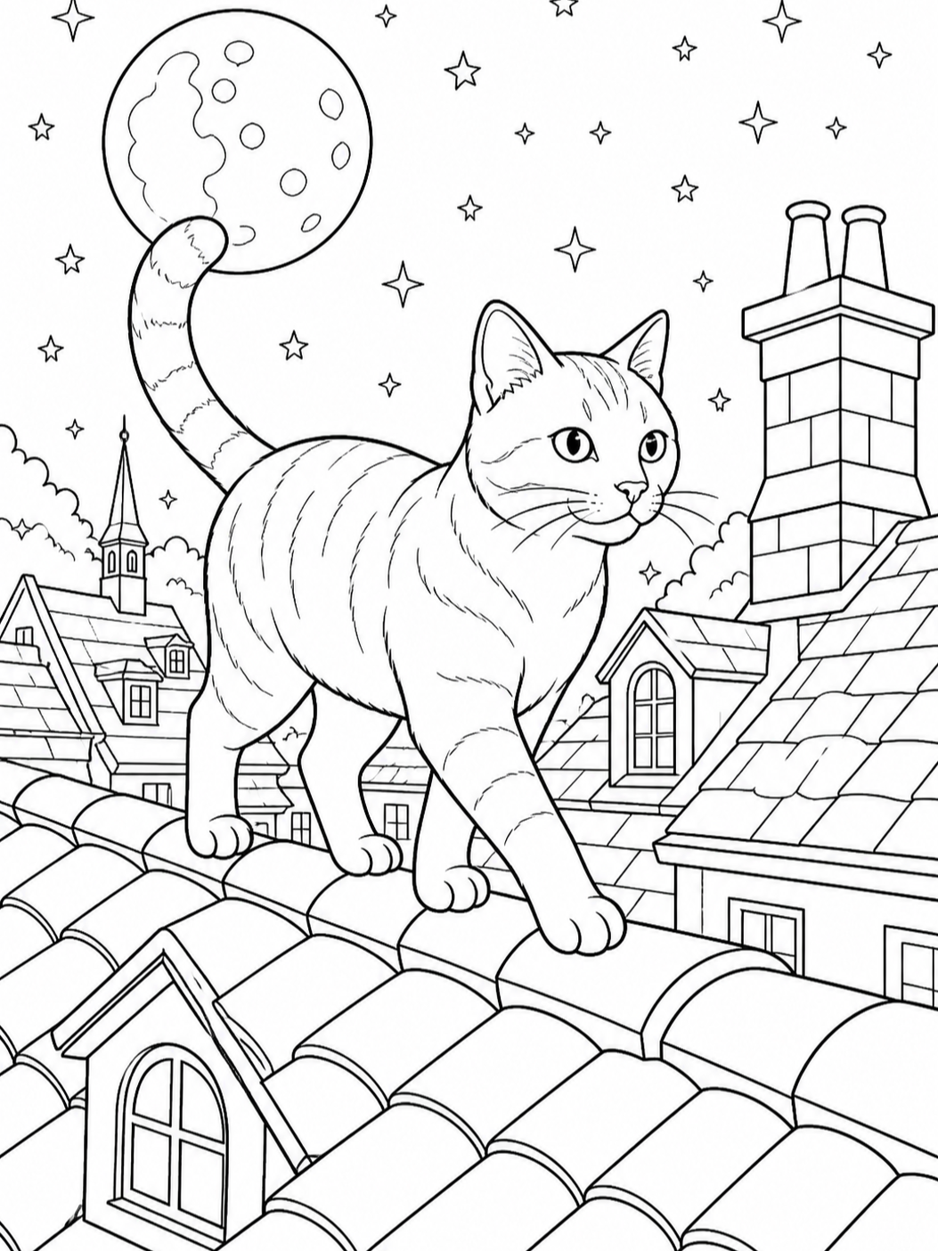 Cat On Night Rooftop — cat coloring pages