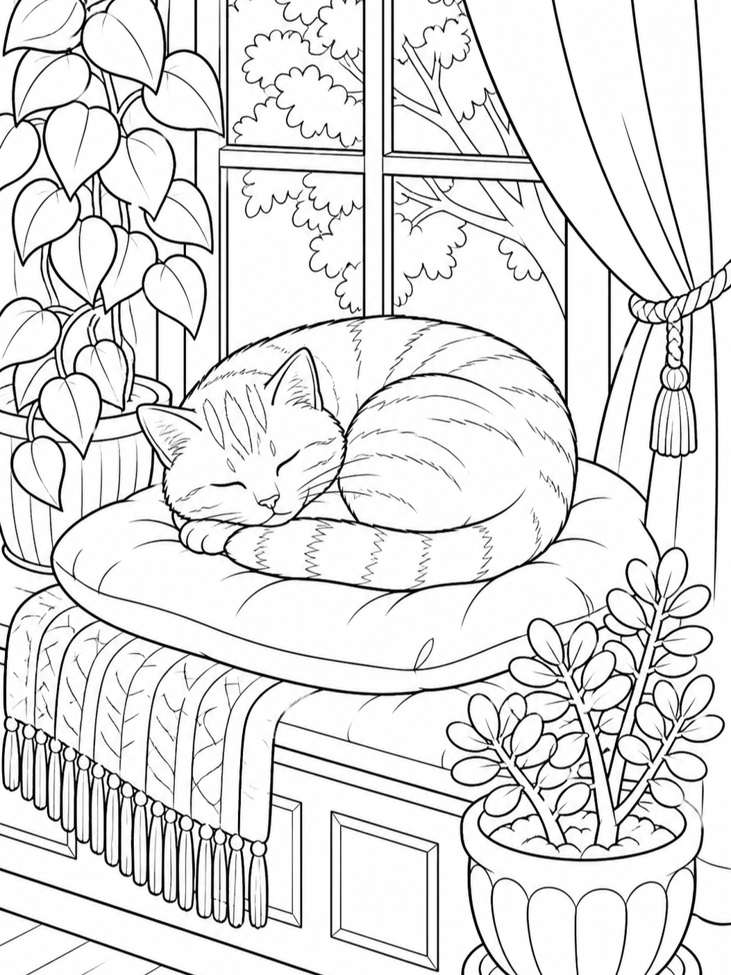 Cat Sleeping On Windowsill — cat coloring pages