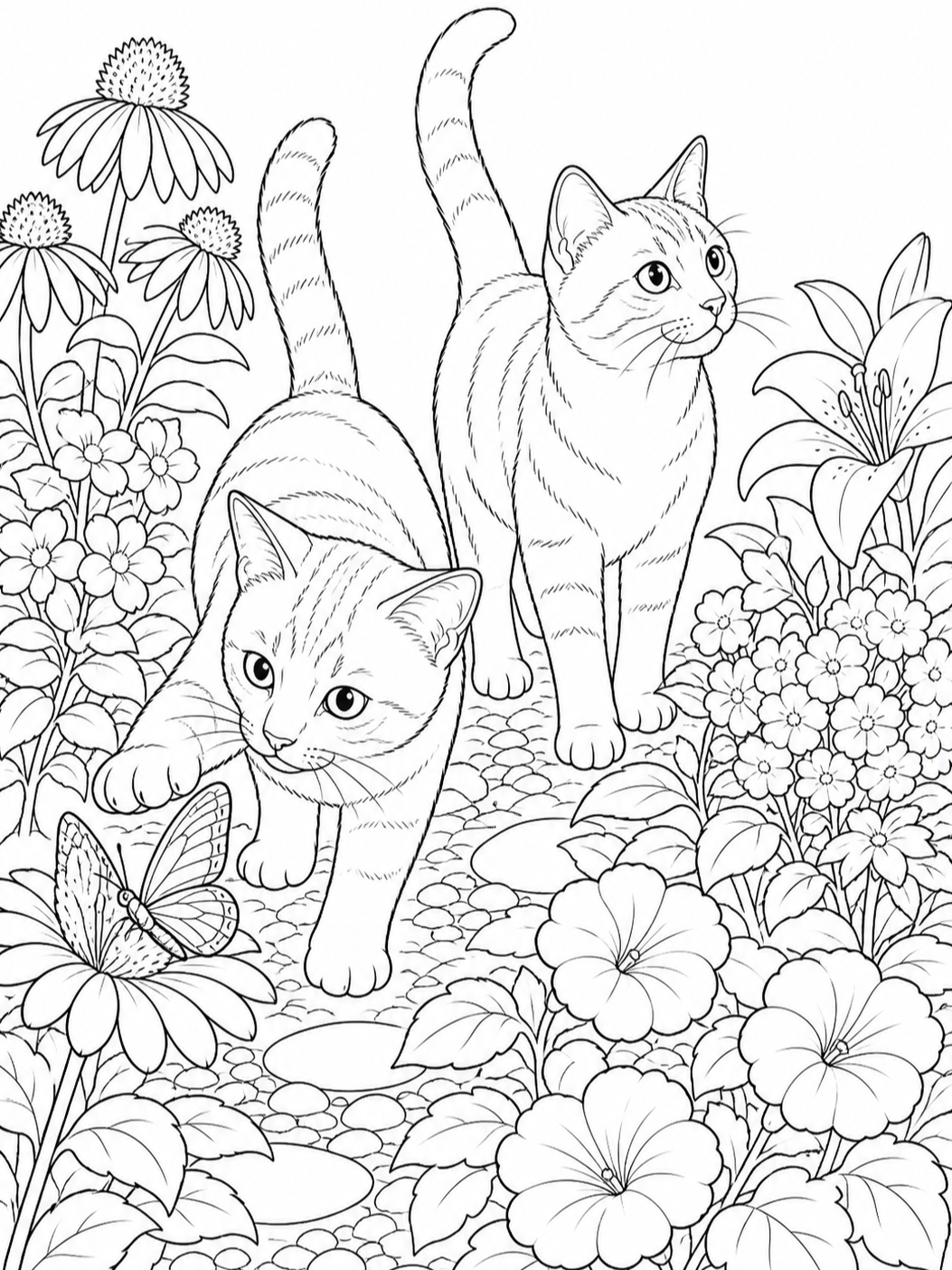 Cats In Flower Garden — cat coloring pages