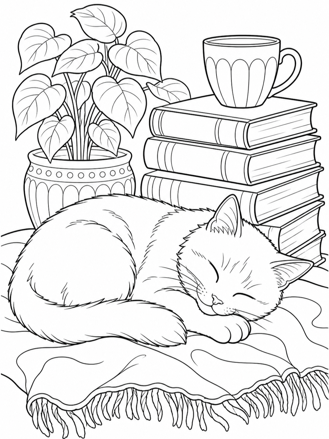 Sleeping Cat By Books — cat coloring pages
