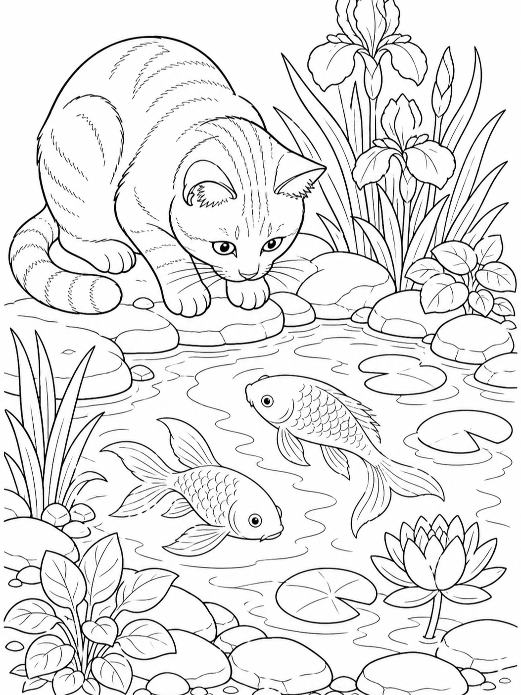 Cat Watching Pond Fish — cat coloring pages