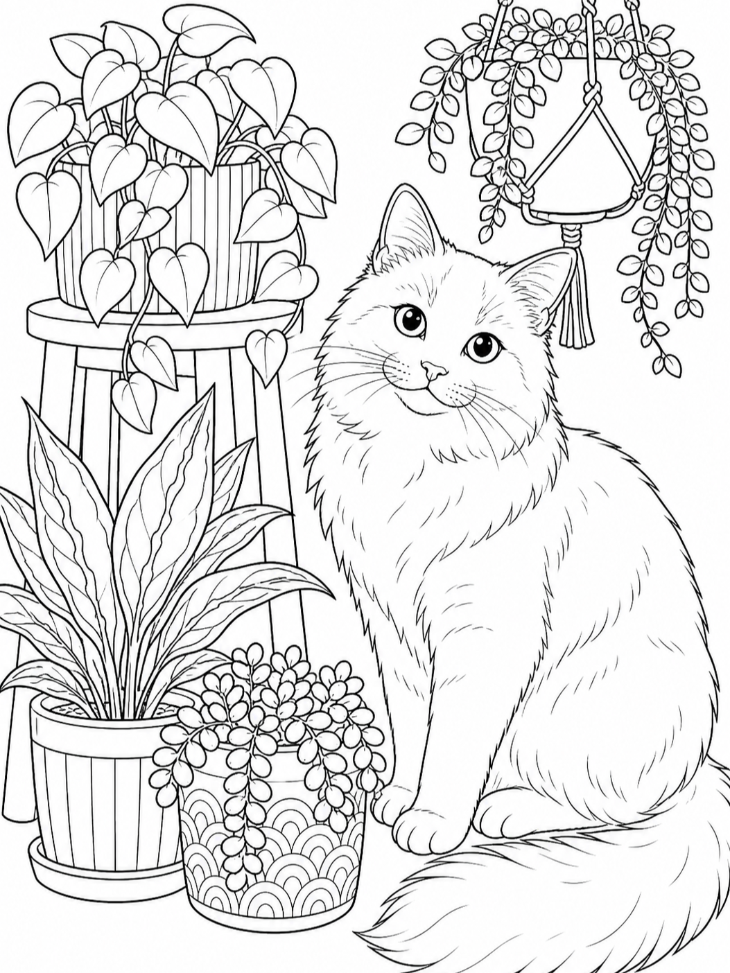 Fluffy Cat Among Plants — cat coloring pages