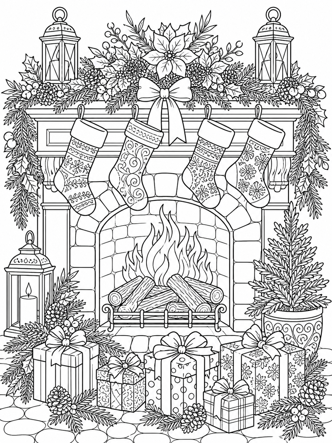 Fireplace With Stockings — christmas coloring pages for adults