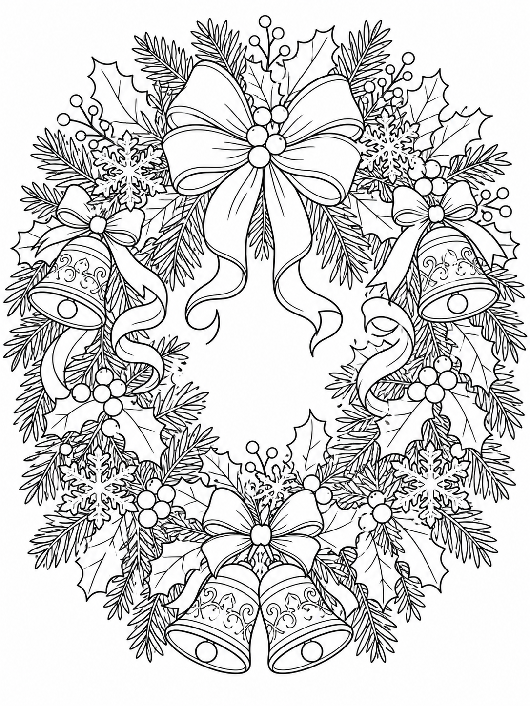 Bow And Bells Wreath — christmas coloring pages for adults