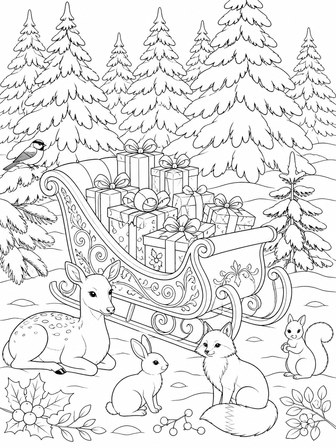 Sleigh With Forest Animals — christmas coloring pages for adults