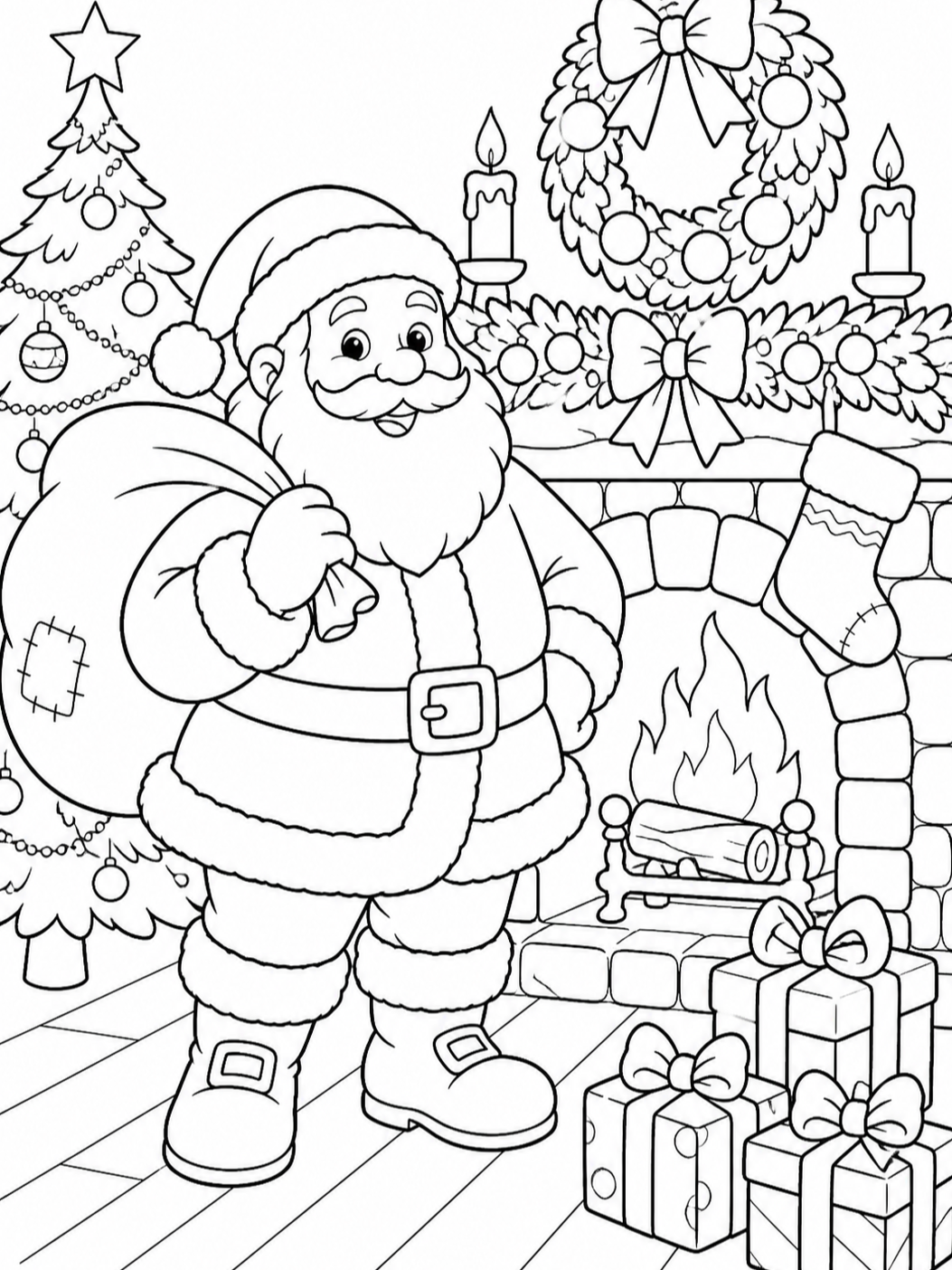 Santa By The Fireplace — christmas coloring pages