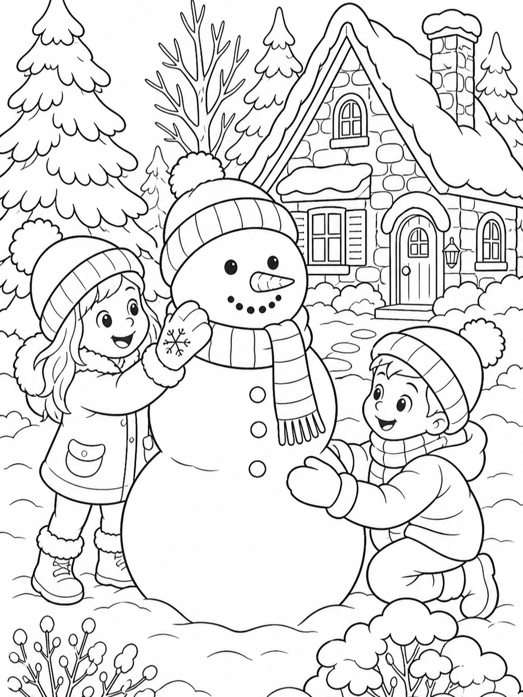 Kids Building A Snowman — christmas coloring pages