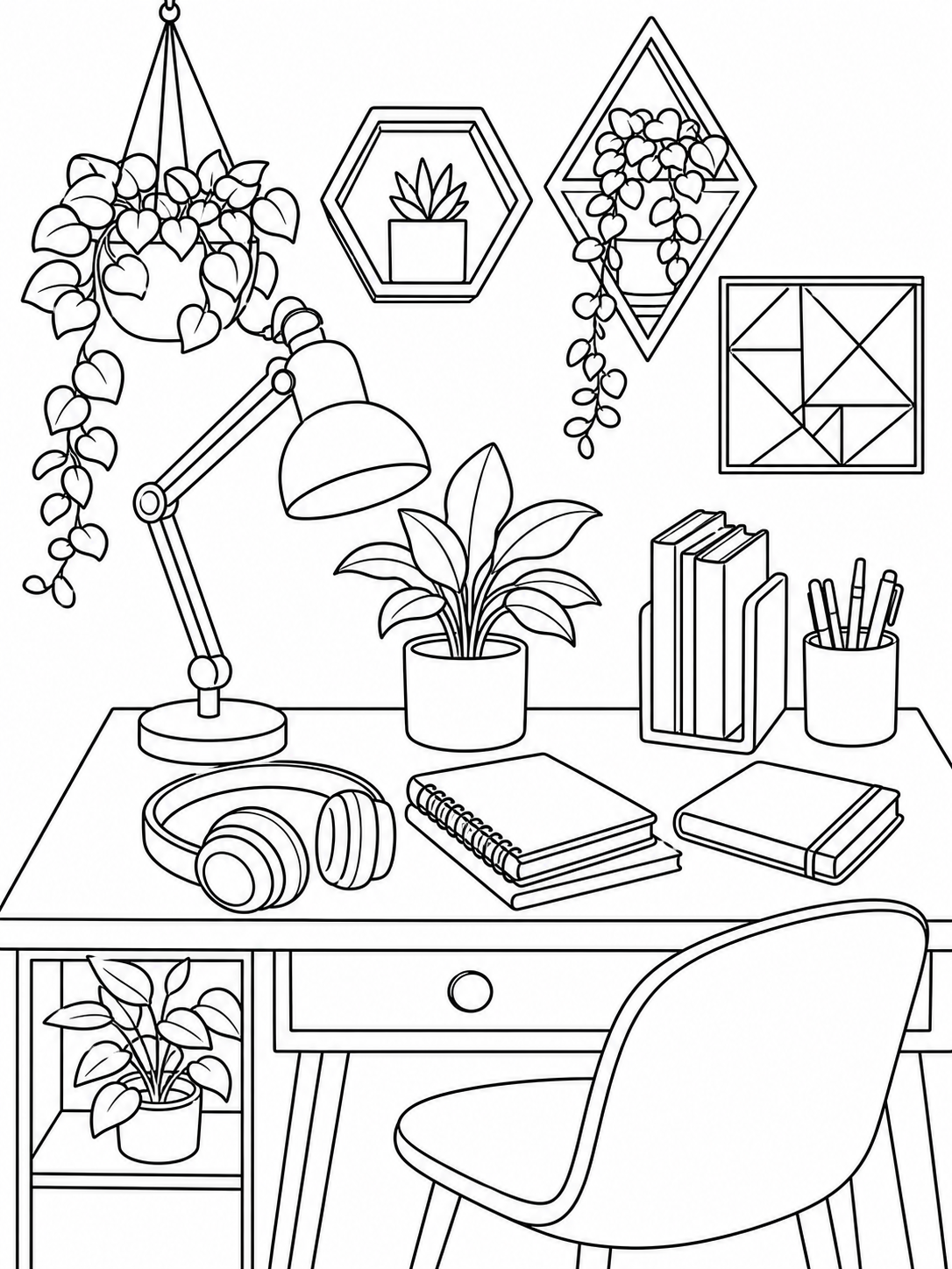 Cozy Study Desk — coloring pages for teens