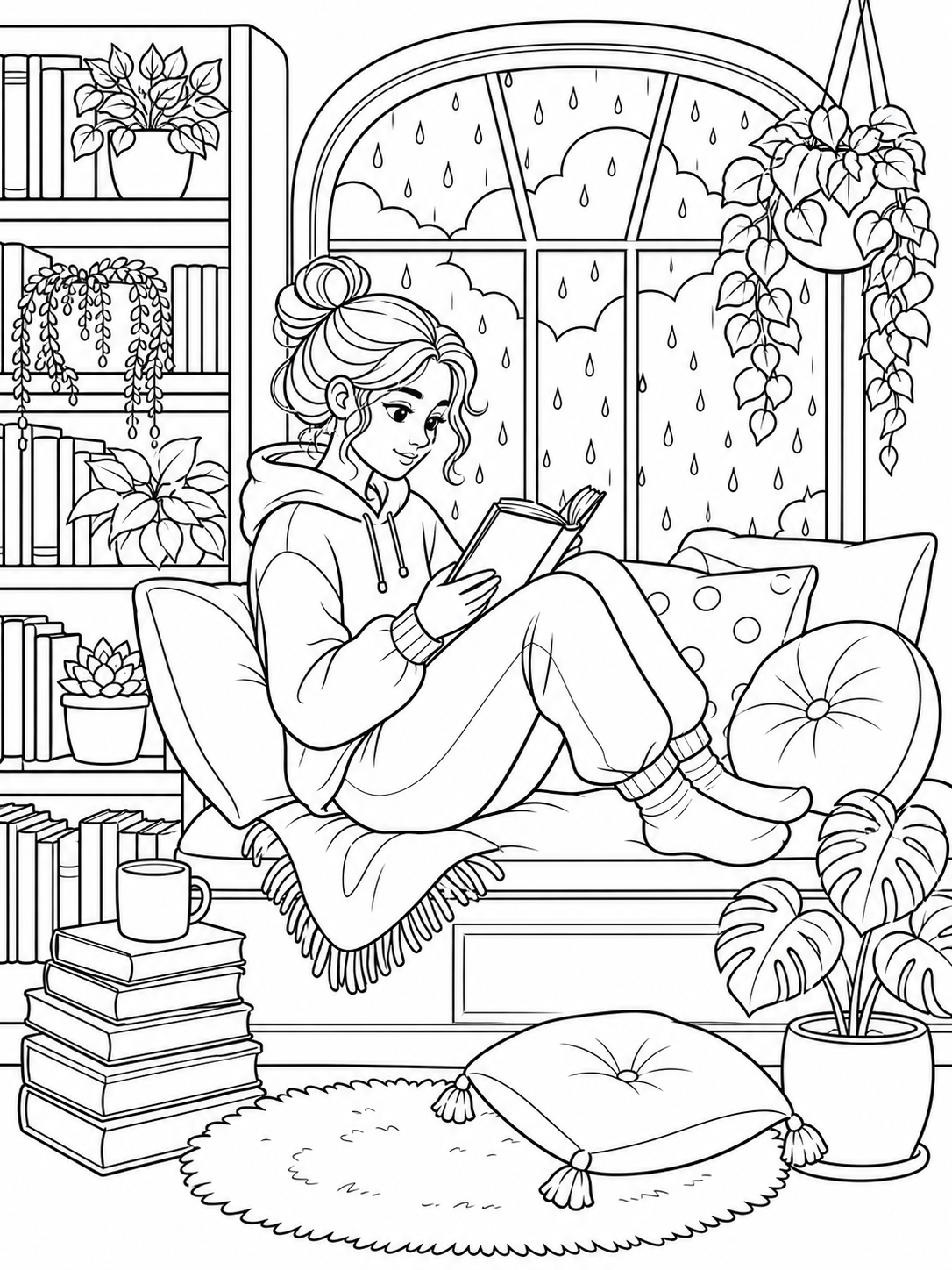 Girl Reading By Window — coloring pages for teens