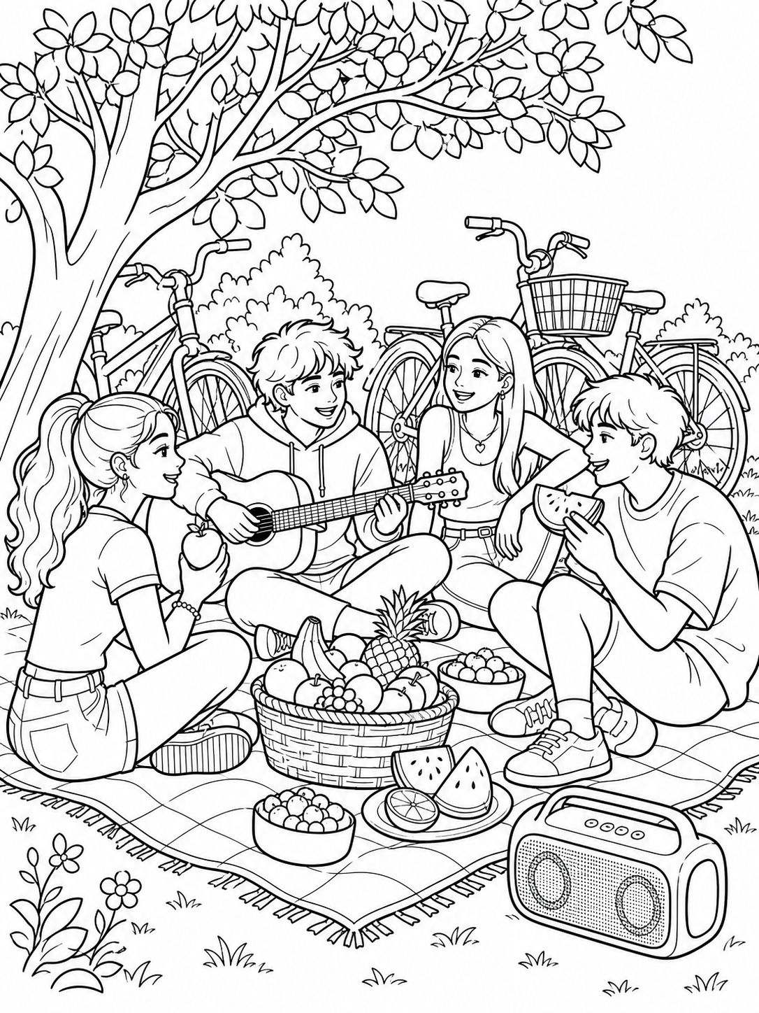 Friends Picnic Under Tree — coloring pages for teens