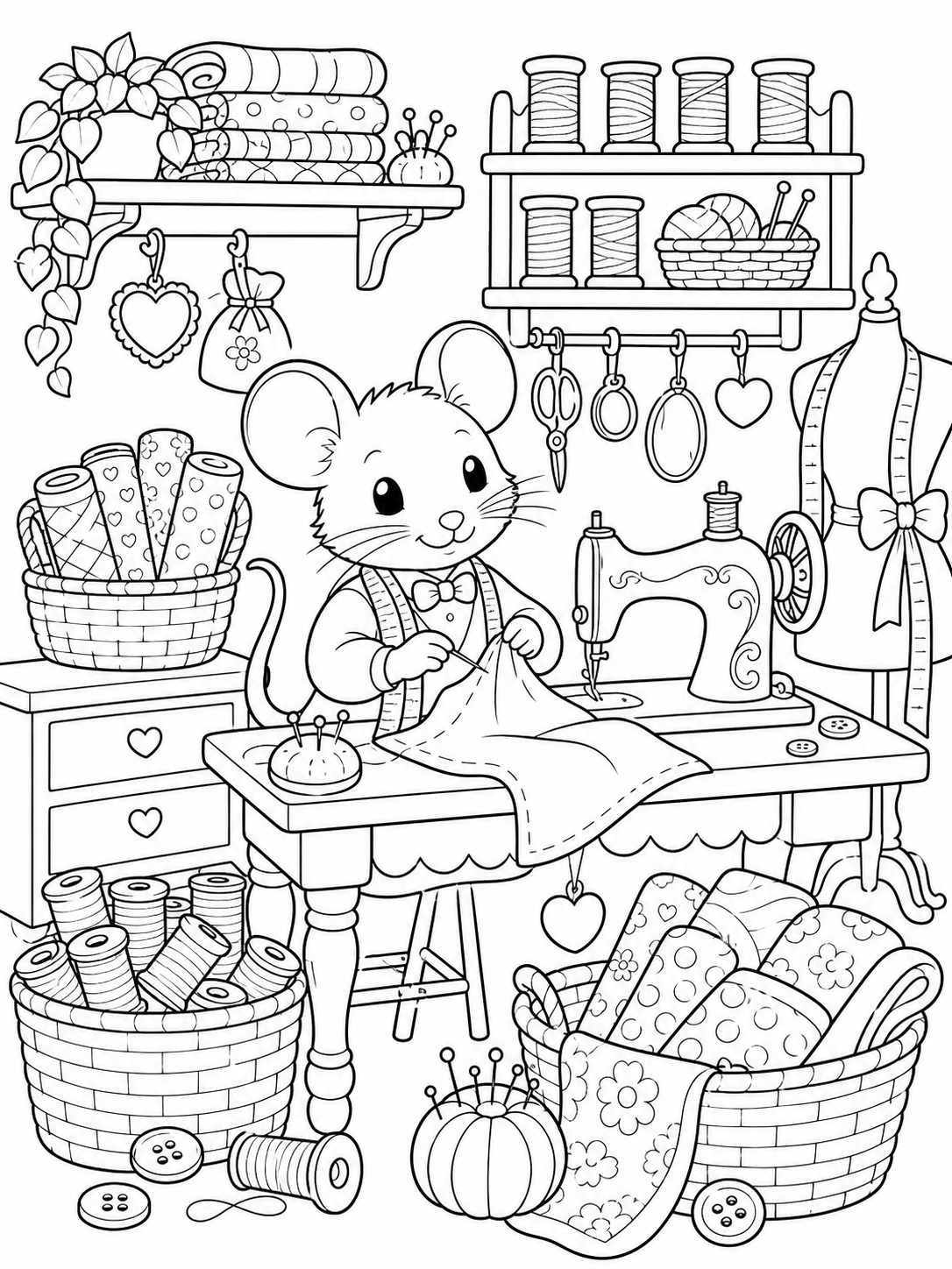 Mouse Sewing At Table — cute coloring pages for adults