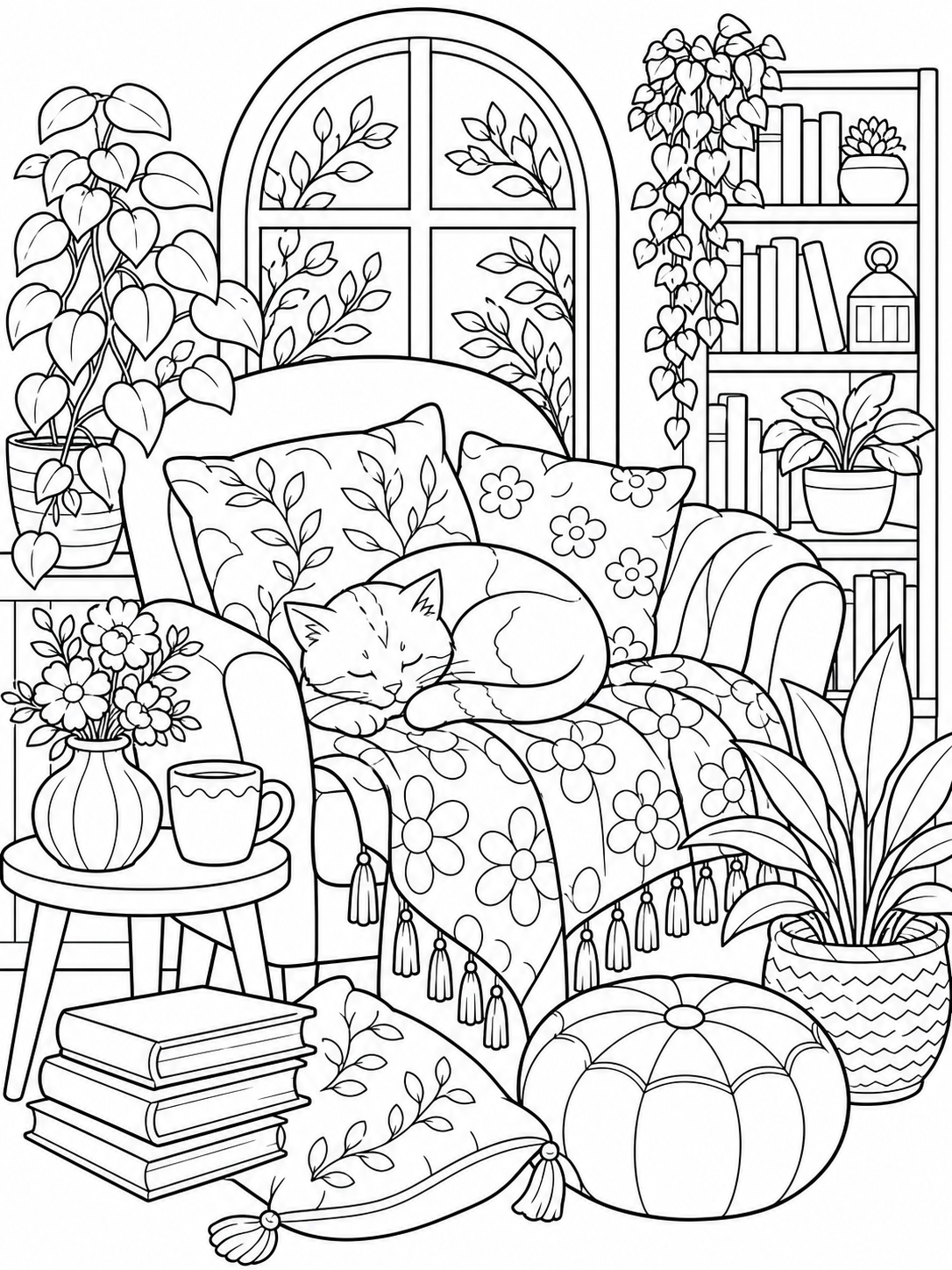 Cat Napping On Armchair — cute coloring pages for adults
