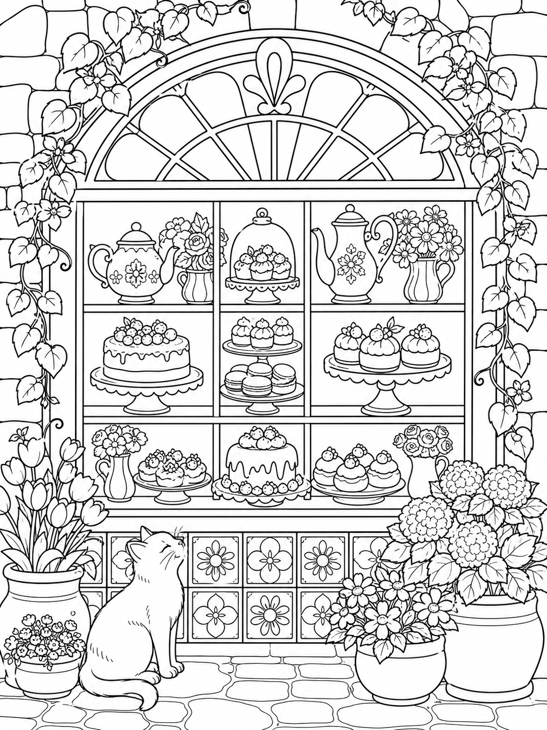 Cat At Bakery Window — cute coloring pages for adults