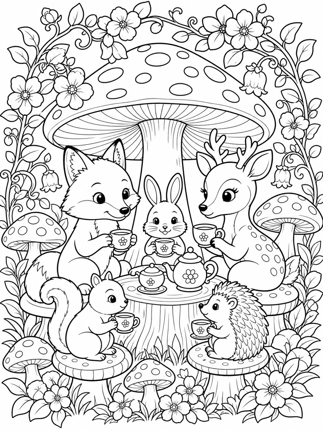 Fox Family Mushroom Tea Party — cute coloring pages for adults