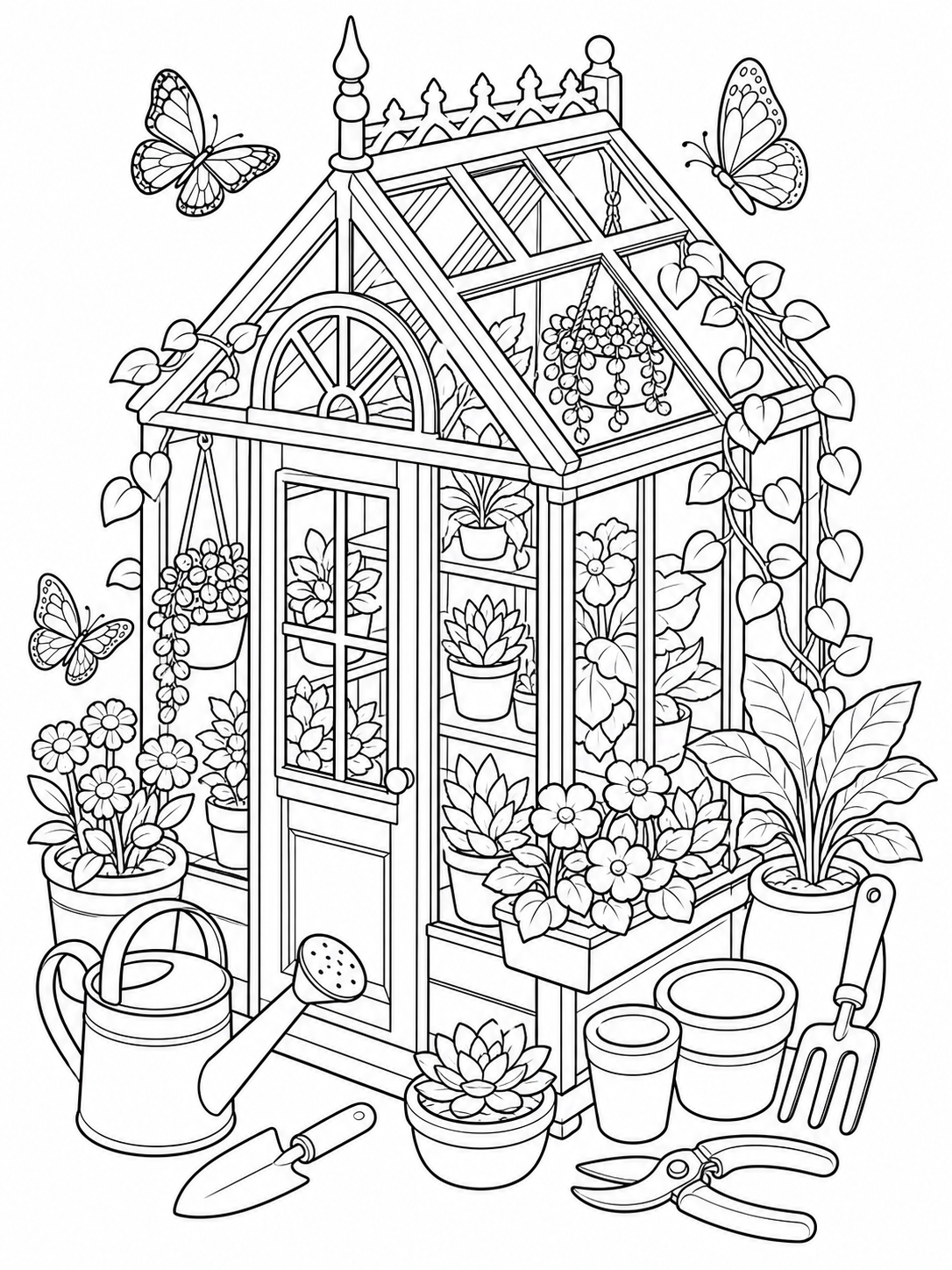 Greenhouse With Potted Plants — cute coloring pages for adults