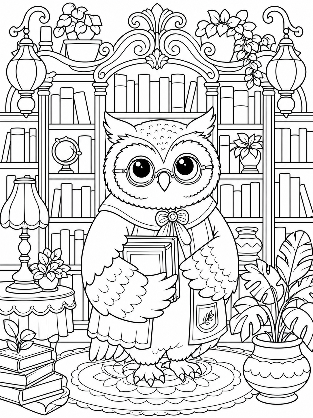 Owl Reading With Books — cute coloring pages for adults